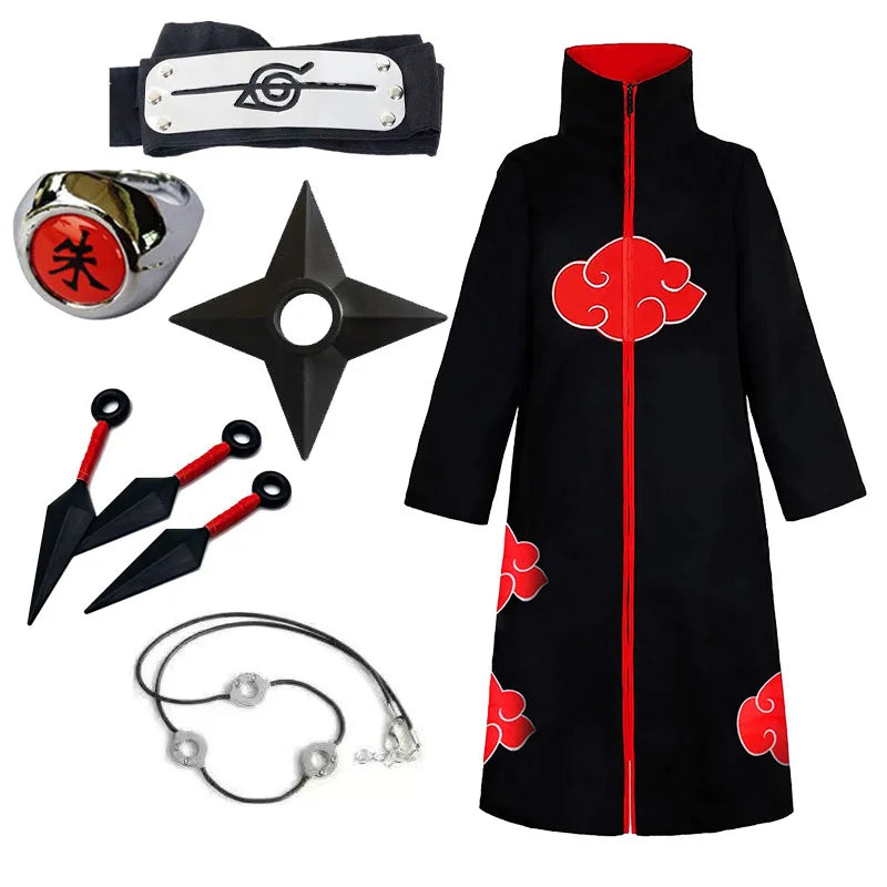 Long Ninja Cloak with Red Cloud Print — Complete Cosplay Set with Accessories