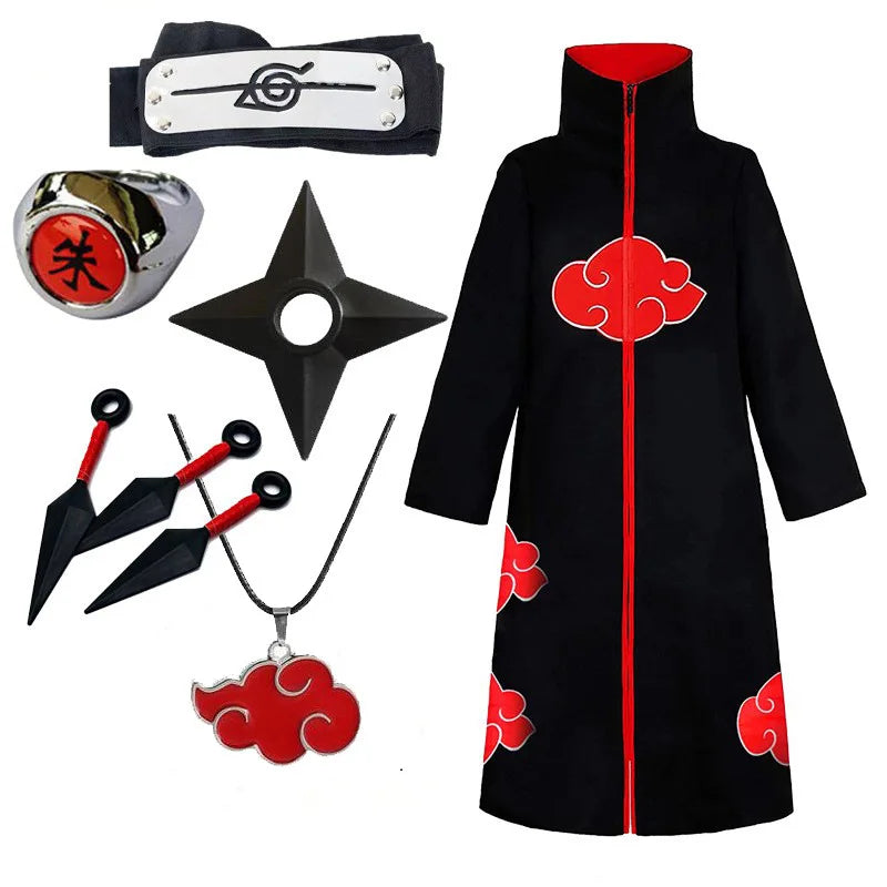 Long Ninja Cloak with Red Cloud Print — Complete Cosplay Set with Accessories