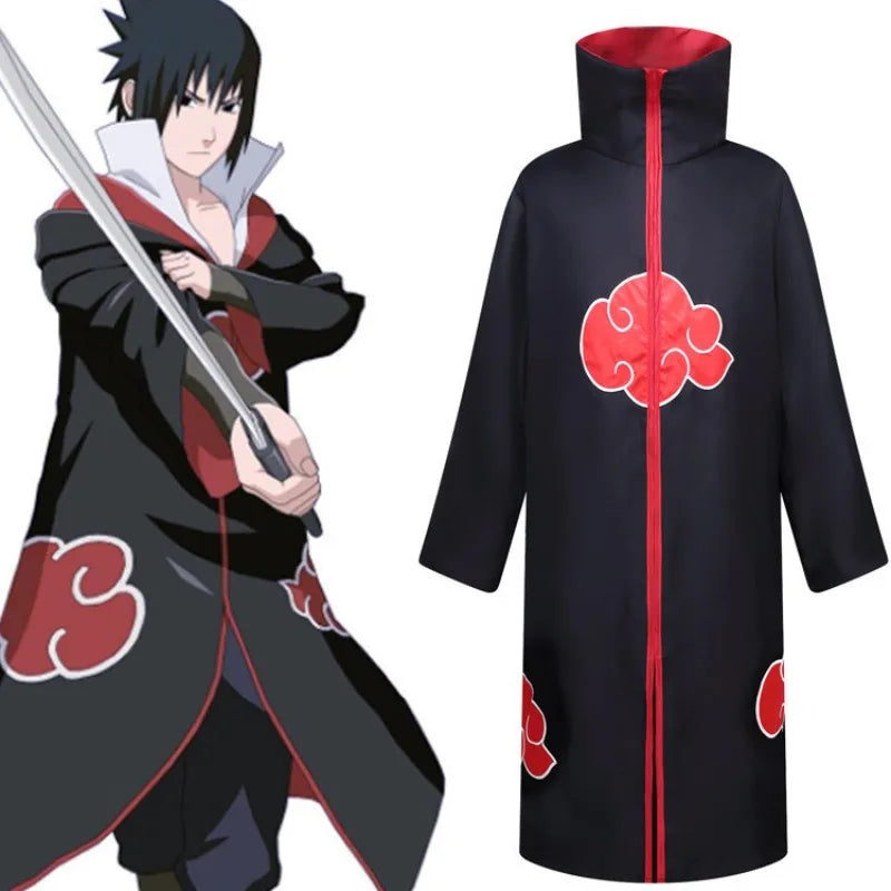 Long Ninja Cloak with Red Cloud Print — Complete Cosplay Set with Accessories